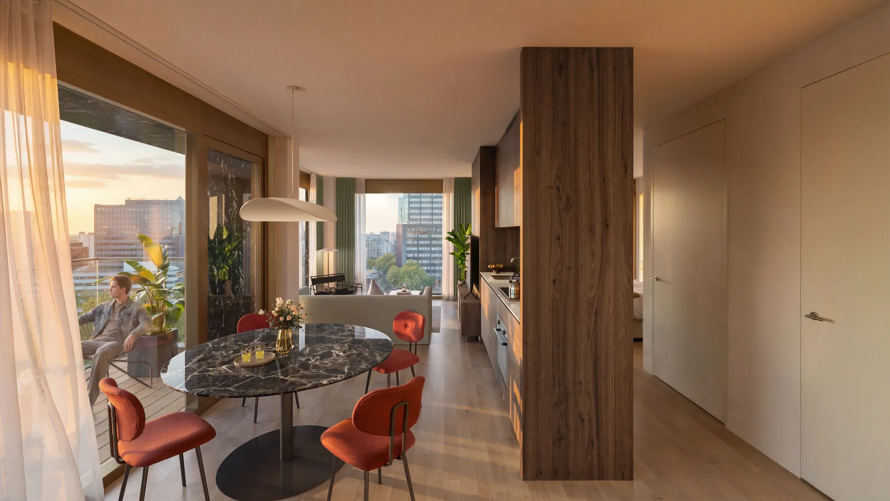 Spacious city apartment with panoramic windows and skyline views