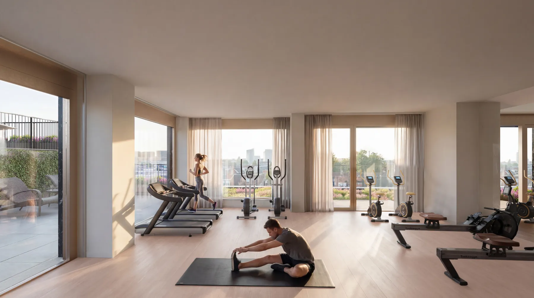 Gym with panoramic city views