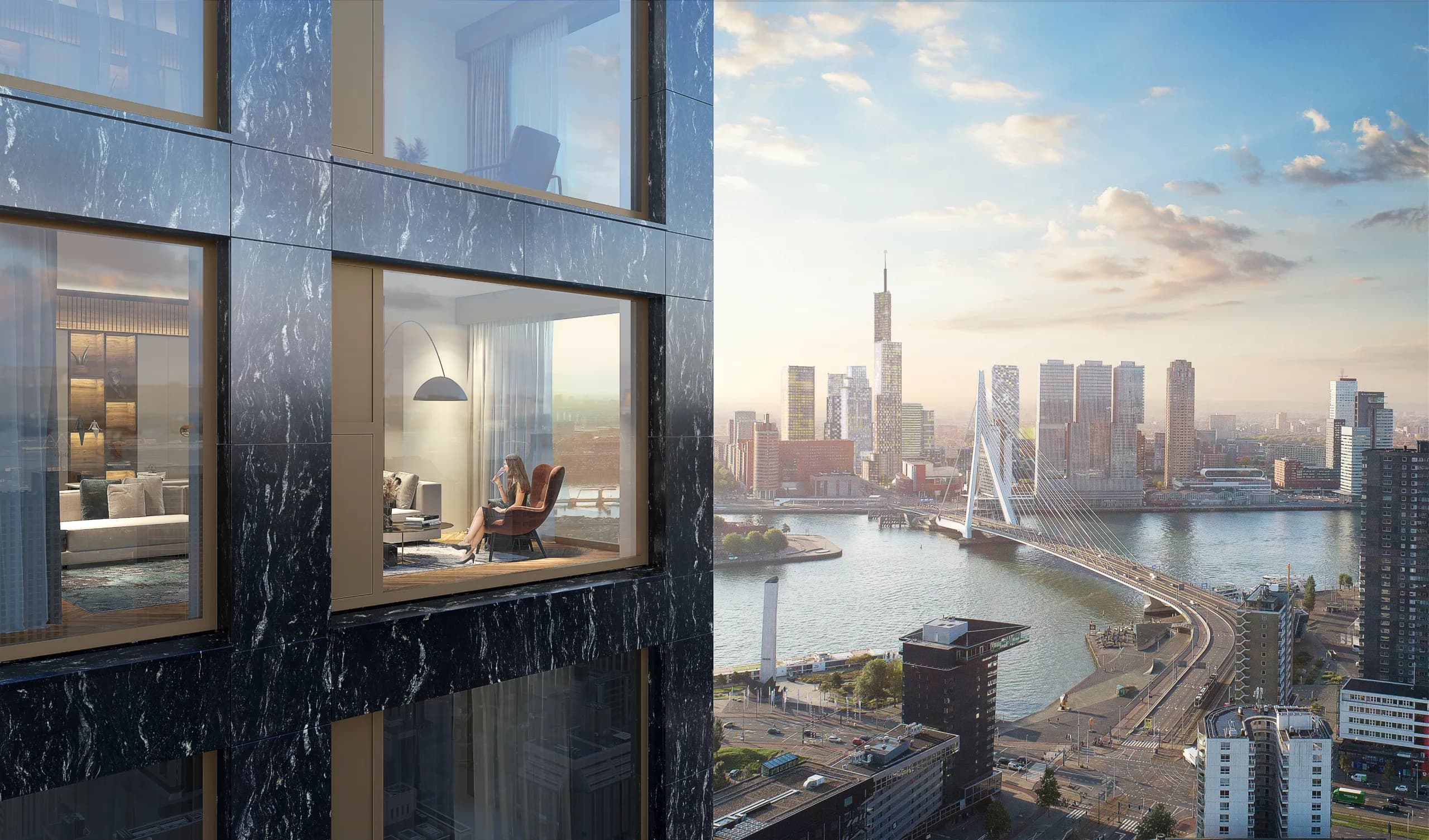 The BaanTower facade and Rotterdam skyline