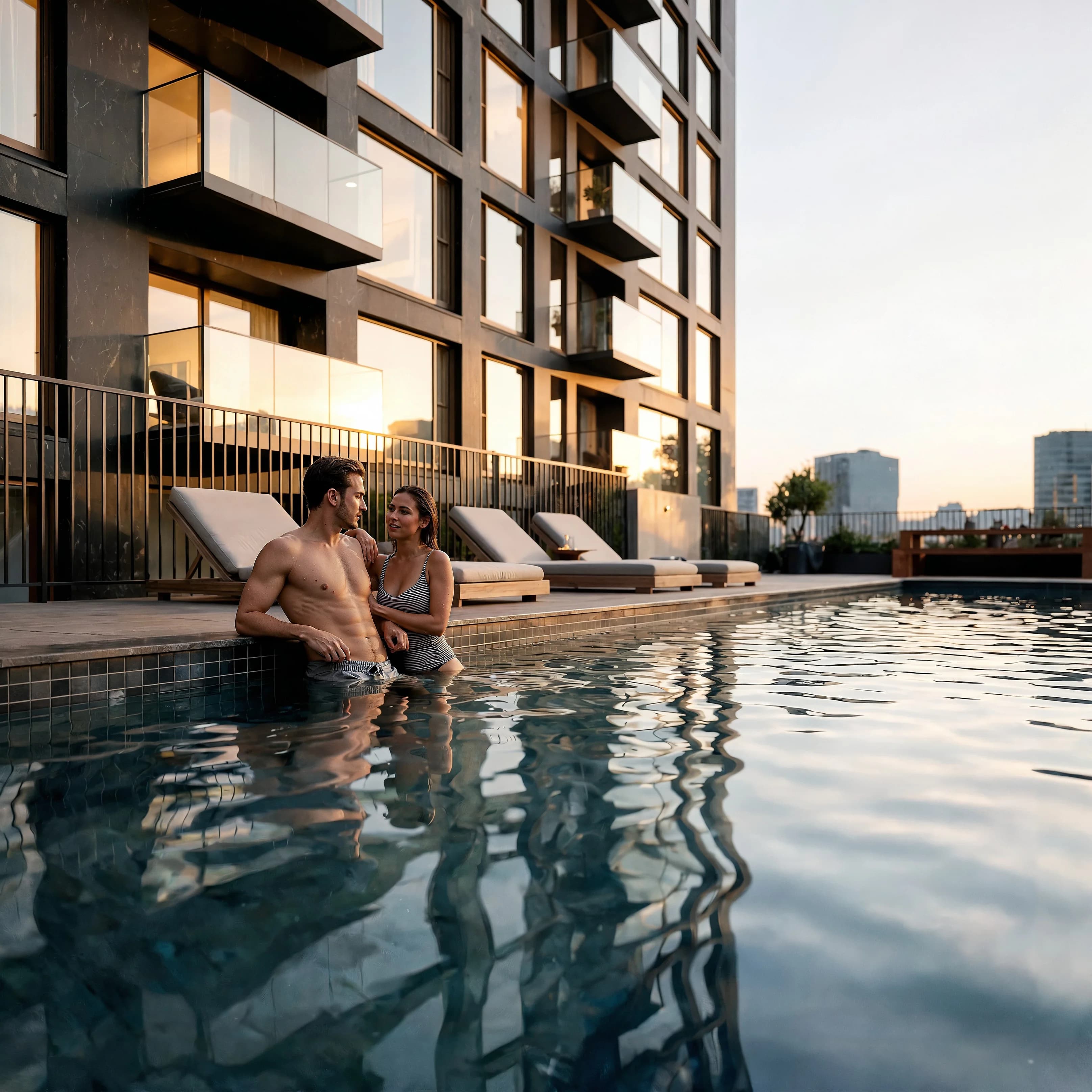Man swimming in the rooftop pool