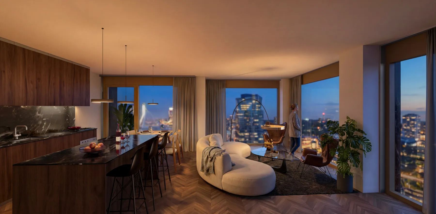 Top apartment interior with woman enjoying Erasmus bridge view